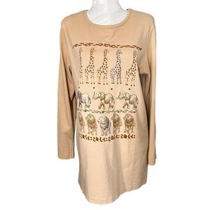 Vintage 80s Sz S/M* Tunic Exotic Animal Embroidered Long Sleeve  Lounge Neutral